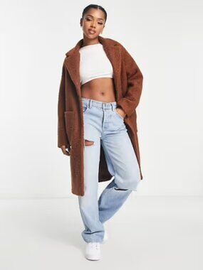 Pull&Bear Brown Teddy Longline Coat - Size S - Oversized Bouclé